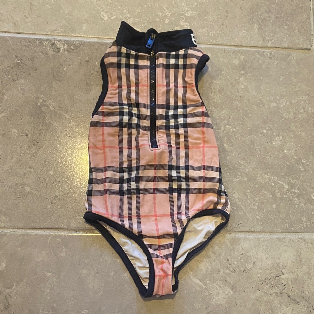 Burberry Kids One Piece Plaid Swimsuit - Pink and Black